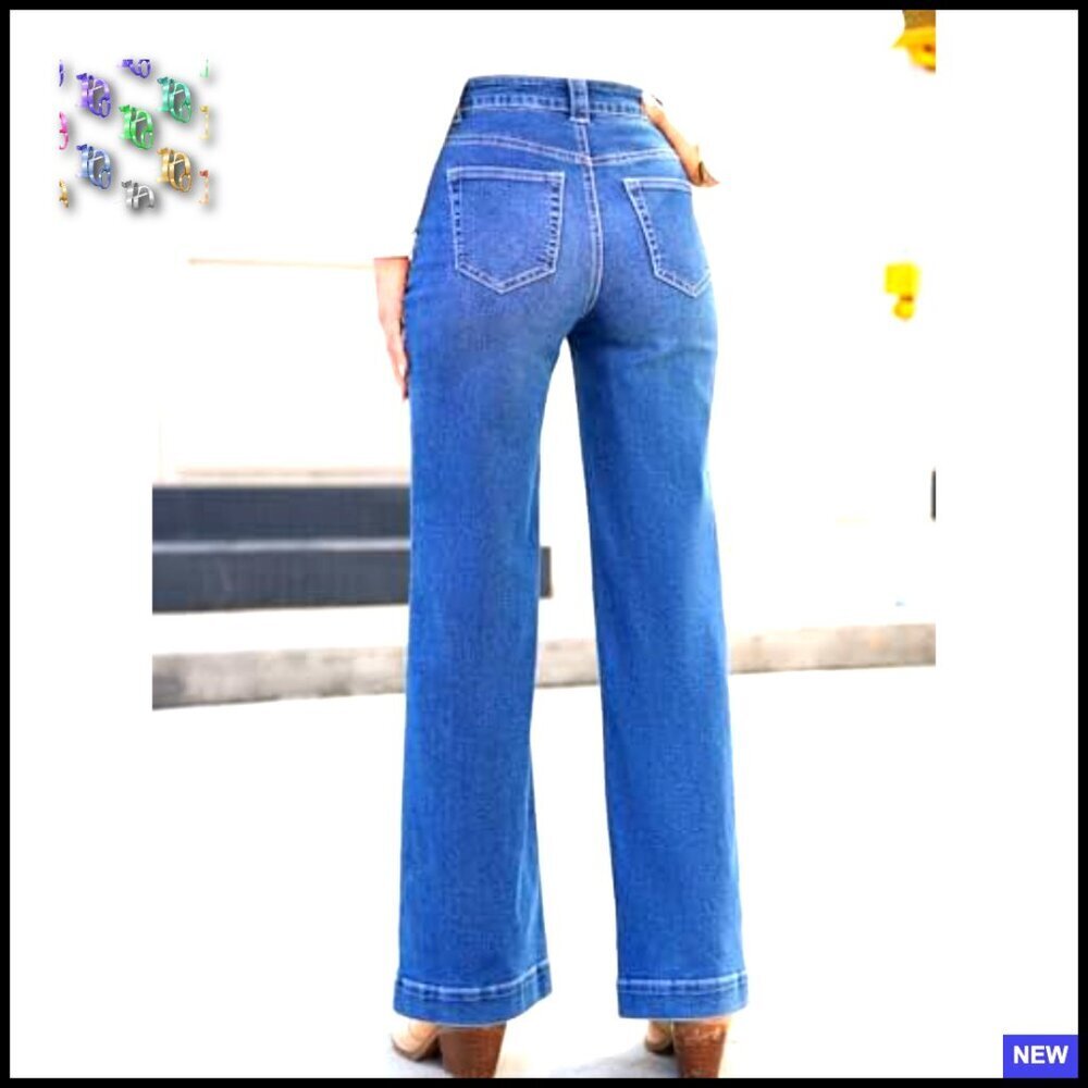 Straight Leg Jeans Stretchy Denim High Waisted Buttoned Wide Leg Pants - Picture 4 of 7